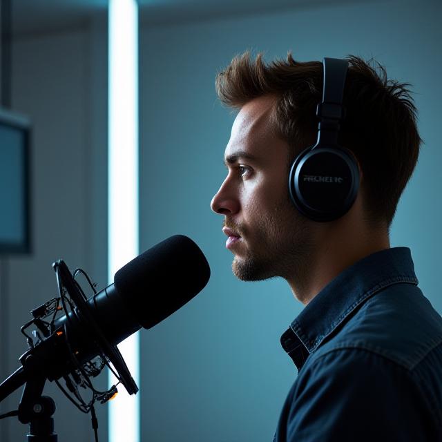 Journalist recording a podcast with high-end audio equipment